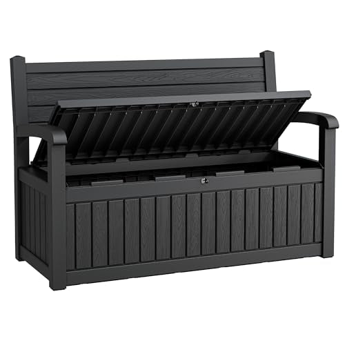 80 Gallon Lockable Deck Bench with Storage, Resin Stripes Outdoor Storage Box, Waterproof Outdoor Porch Bench for Patio Pool and Cushions Garden Tools, Black - color: Black
