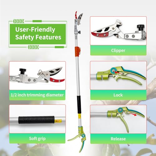 3.67-5.45Ft Extendable Cut & Tree Trimmer for Precision Gardening Pruning & Fruit picking, Long Reach Pruning Shears - Lightweight Aluminum Rust-Resistant Picker, Branch Bypass Loppers(1/2" Max Cut)