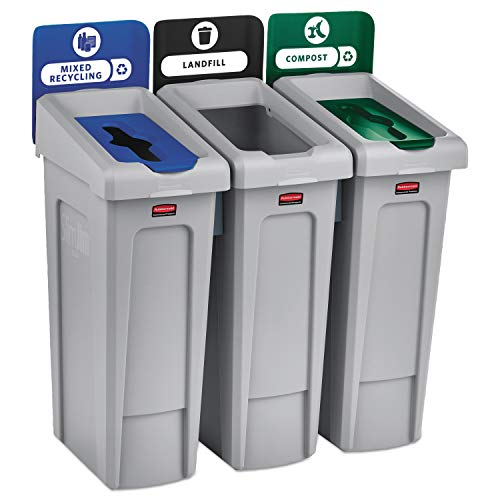 Rubbermaid Commercial Products SLIM JIM Recycling Station 3-Stream Landfill/Mixed Recycling/Compost Bin/Can/Kit/Station, 23 Gal, for Kitchen/Classroom/Office/Education/Commercial Facilities - style: 3 Stream Compost