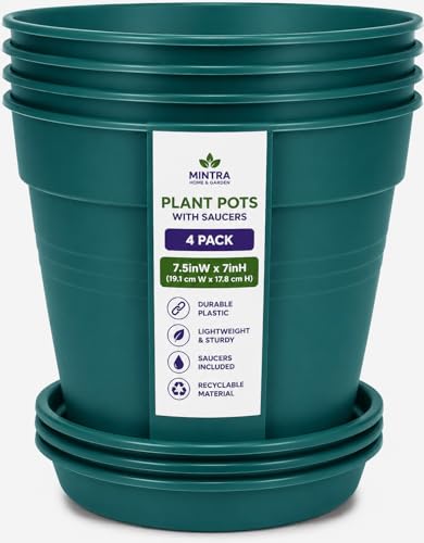 Mintra Garden Pots, 4 Pack Bulk Plastic Plant Pots with Drainage Tray, Round Indoor & Outdoor Decorative Planters with Drain Holes for Flowers, Herbs & Plants, 19cm Diameter – Forest Green, 7.5 in - color: Forest Green, size: 19cm Diameter (7.5in)