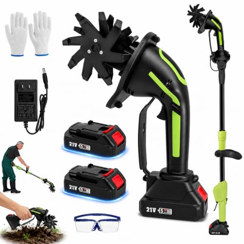 21V 2-in-1 Cordless Mini Garden Tiller Cultivator with 2×1.5Ah Batteries, 235RPM Electric Handheld Rototiller, 4" Width & Depth Soil Cultivator with Extension Rod for Raised Beds, Flower Beds - color: Sage Green