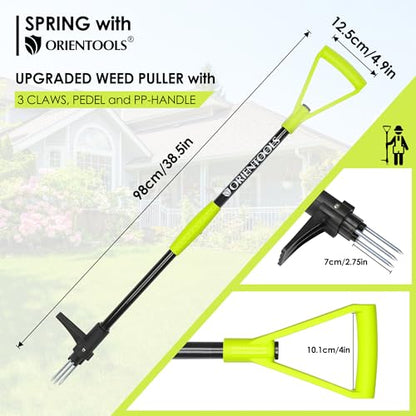 ORIENTOOLS Weed Puller Stand Up Weeder Hand Tool with 3 Claws for Dandelion, Steel Twist Hand Weed Root Pulling Tool Grabber and Picker, 38" Long Handle Lawn Easy Root Remover Garden Tool with D-Grip - size: 3-Claw & D-Grip