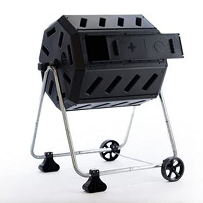 FCMP Outdoor Dual-Chamber Tumbling Composter with Wheels, Black, 37 Gallon