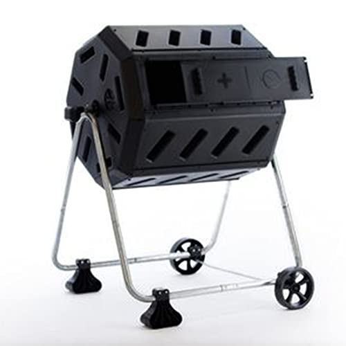 FCMP Outdoor Dual-Chamber Tumbling Composter with Wheels, Black, 37 Gallon