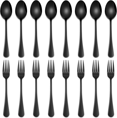 6.7 Inch Spoons And Forks Silverware Set of 16, Black Stainless Steel Salad Fork And Teaspoon Set, Small Metal Spoon And Fork Eating Utensils Set - color: Black