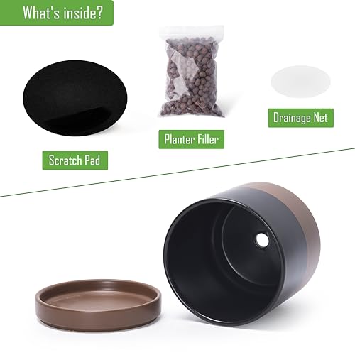 D'vine Dev 2-Pack Ceramic Pots with Saucers, Black/Tan, 4/6 in, 94-G-S-7 - color: Black/Speckled Tan, size: Small