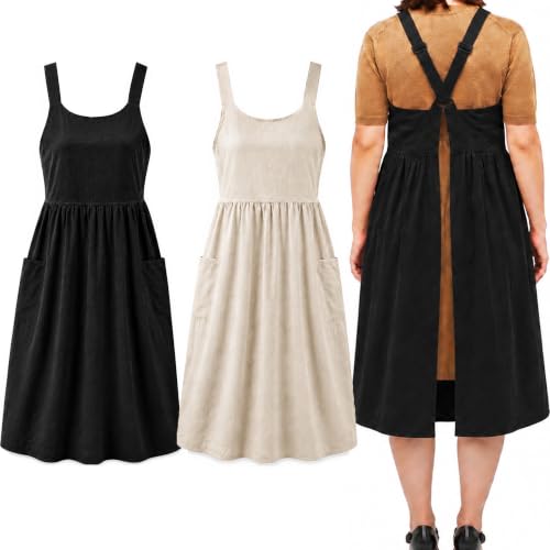 Cotton Linen Apron Cross Back Apron for Women with Pockets Pinafore Dress - color: 2 Pack-black+beige