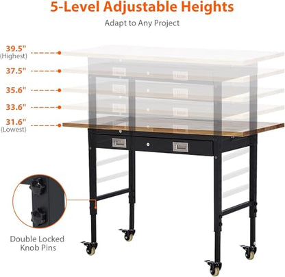 Workbench 60" x 22" Adjustable Height Worktable, Heavy Duty Rubber Wood Top, 2000 LBS Load Capacity, Tool Storage Workstation with Drawer, Pegboard, Power Outlets & Lockable Wheels, with Drawer Back
