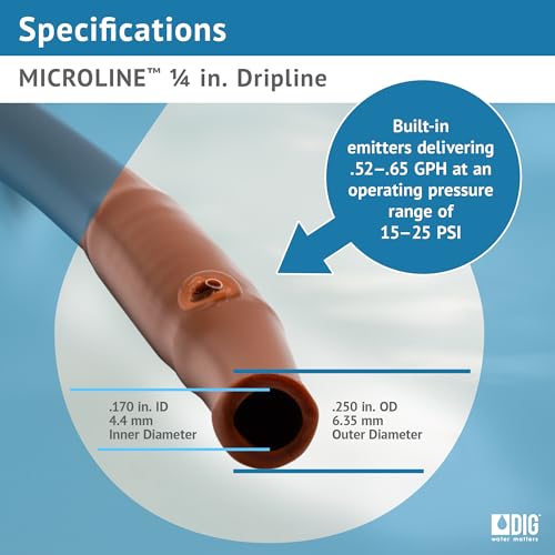 DIG ML-112B ¼” 100’ MICROLINE™ Dripline, 12” Dual Outlet Emitter Spacing, UV-Resistant Tubing for Efficient Irrigation | Ideal for Raised Beds | Flexible, Durable, Easy Installation (Brown) - size: 100',¼" MICROLINE Dripline - 12” Spacing