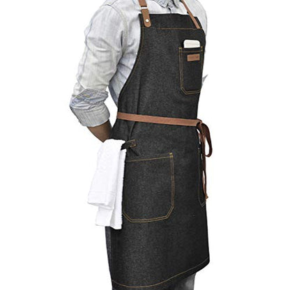 Chef Apron with Pockets & Towel Loop,Mens Womens,Black Denim - color: Black Denim