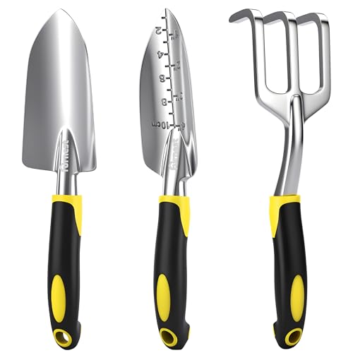 Garden Tool Set, 3 Pack Aluminum Heavy Gardening Kit Including Hand Shovel, Transplant Shovel and Hand Rake for Planting, Digging, Weeding - color: Yellow
