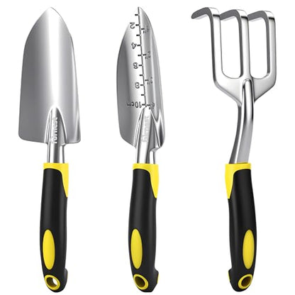Garden Tool Set, 3 Pack Aluminum Heavy Gardening Kit Including Hand Shovel, Transplant Shovel and Hand Rake for Planting, Digging, Weeding - color: Yellow