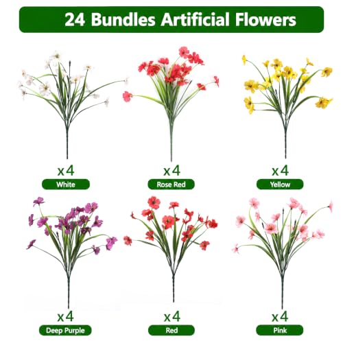 Artificial Flowers & Monkey Grass - 24 Pcs, Faux Floral Greenery 6 Colors - color: 6 Colors With Monkey Grass