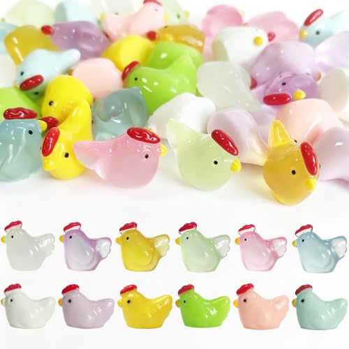 Mini Resin Chicken Figures to Hide, 36 PCS Tiny Plastic Chickens Small Little Resin Animal Figurines Miniature Festival Rave Trinkets Bulk Glow in the Dark for Micro Fairy Garden Aquarium Decor - color: Chickens