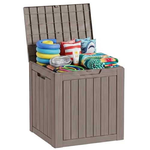 35 Gallon Deck Box Outdoor Waterproof, Resin Storage Box Outdoor Lockable, Multipurpose Outside Container for Patio Cushions, Garden Tools & Package Drop, UV & Fade Resistant, Grey Brown - color: Grey-Brown, size: 35 Gallon