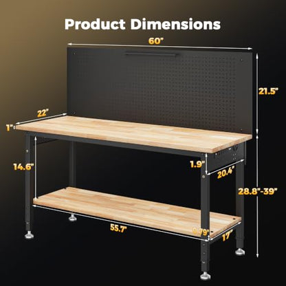CAMMOO 60" Work Bench with Storage & Pegboard, 2000LBS Max Load, Storage Shelf & Power Strip