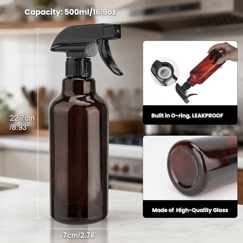 16.9oz Clear Glass Spray Bottles 2 Pack, Adjustable Mist Stream - color: Amber