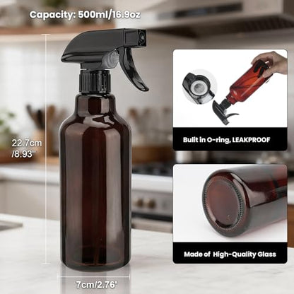 16.9oz Clear Glass Spray Bottles 2 Pack, Adjustable Mist Stream - color: Amber