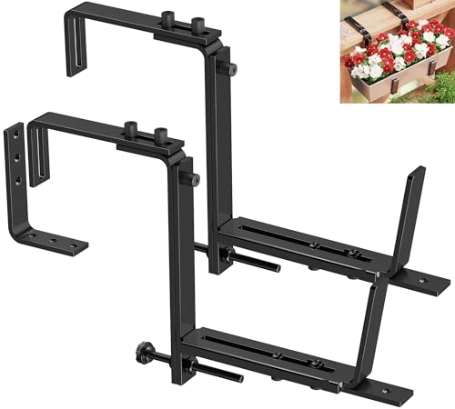 Y&M 2 Pcs Deck Railing Adjustable Planter Box Brackets (6 to 12.5 in), Universal Heavy Duty Iron Flower Box Brackets Wall Mounting Hooks for Fences, Patio, and Garden - Black (Patent Registered) - size: 2 Pcs - Black
