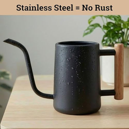 Metal Small Indoor Watering Can with Long Spout & Real Wood Handle, 35oz - color: Black