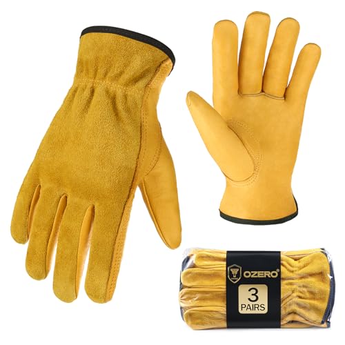 OZERO Cowhide Leather Work Gloves, Gardening, Flex Grip, 3 Pairs, Gold, XL - color: Gold(3 Pair), size: X-Large