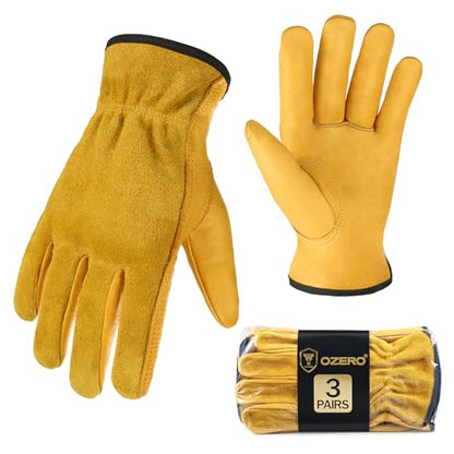 OZERO Cowhide Leather Work Gloves, Gardening, Flex Grip, 3 Pairs, Gold, XL - color: Gold(3 Pair), size: X-Large