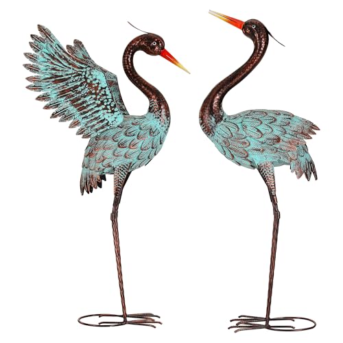 36.8" Metal Blue Heron Garden Statue, Handcrafted Crane Sculpture - color: 36" Distressed Patina Green