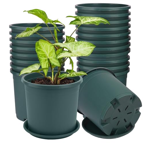 24 Pack 1.5 Gallon Nursery Pot, 7 Inch Garden Pots, Plastic Flower Pot with Matching Tray (Green) - color: Green, size: 24 Pack 1.5 Gallon
