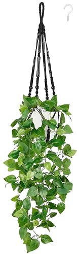 Mkono Fake Hanging Plant, Macrame Hanger with Pothos Vines & Pot, Black - color: Black