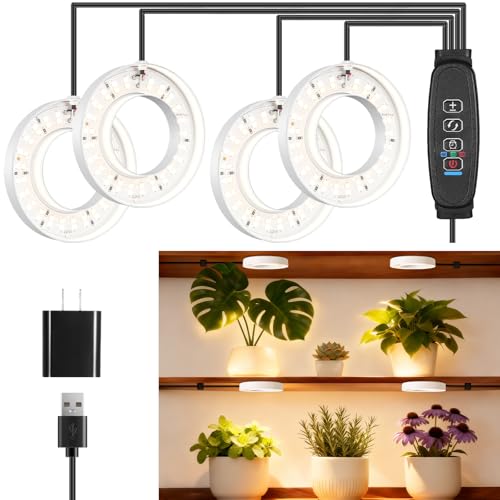 LED Plant Growth Lights for Indoor Plants, Warm+White Full Spectrum 3.54" Grow Lamps for Plant Growth with 6/12/16H Timer, 3 Spectral Modes, 10 Dimmable Levels, Halo Angel Ring White (4 Head) - size: 3.54in 4 Head