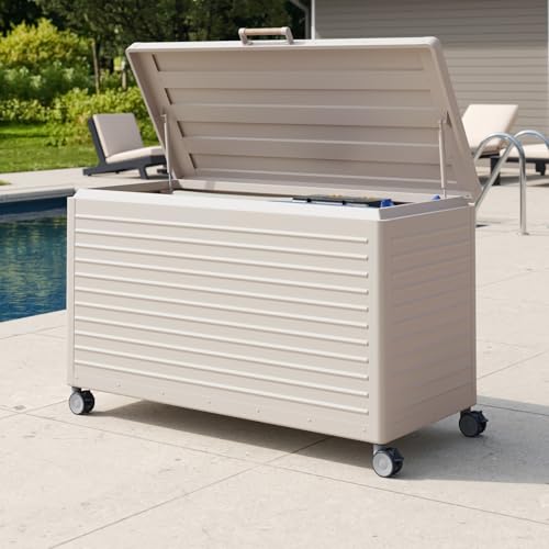MIRADOR 134 Gallon Outdoor Storage Box with Wheels & Soft-Close Lid, Waterproof Metal Deck Box for Patio Cushions, Garden Tools & Pool Accessories, Latte - color: Latte, size: 134 Gallon