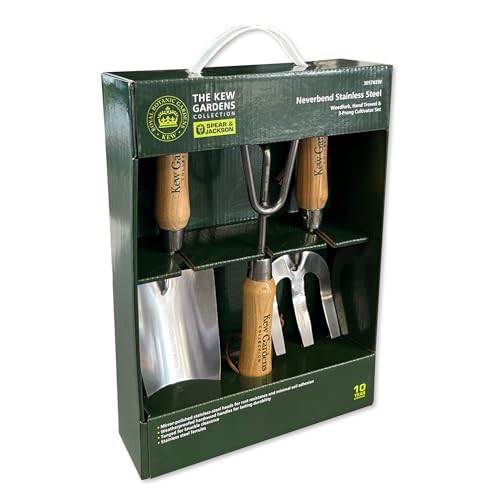 Spear & Jackson 3057KEW Kew Gardens Collection 3 Piece Garden Hand Tool Gift Set - Hand Trowel, Weed Fork and Cultivator - FSC Weatherproofed Handles, Mirror Polished Stainless Steel Heads - style: "Kew" Cultivating Set