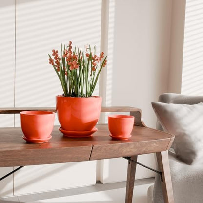 Ceramic Plant Pots Set of 3，Red Flower Pots with Drainage Holes and Saucers - color: Red