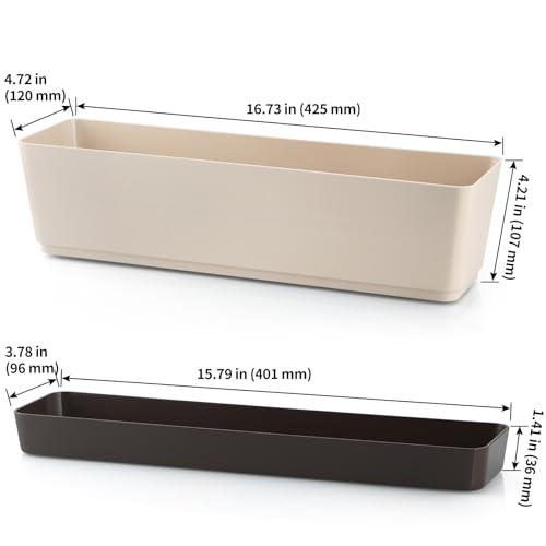 Skelang 2 Pcs Rectangular Plant Pot, 16.7" Flower Planter Box with Drainage Hole, Windowsill Container with Tray for Succulents, Herbs, Cacti - color: Coffee