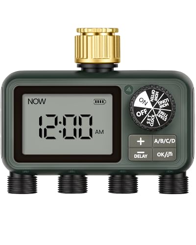Brass Sprinkler Timer with Swivel, Programmable Water Timer for Garden Hose with Auto/Manual/Rain Delay Watering, Digital Irrigation System Kit,for Garden, Yard, Lawn 4 Outlet F14WT06