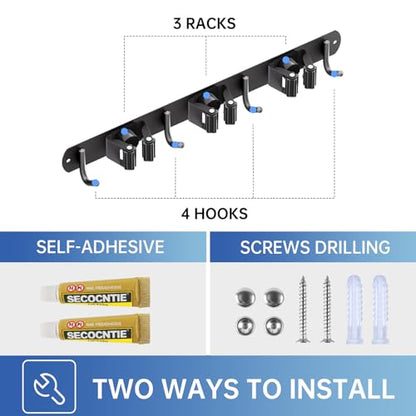 ZONGOOL Wall Mount Broom Holder 3 Racks 4 Hooks Metal Tool Organizer Black - color: Black, size: 1Pack 3R4H