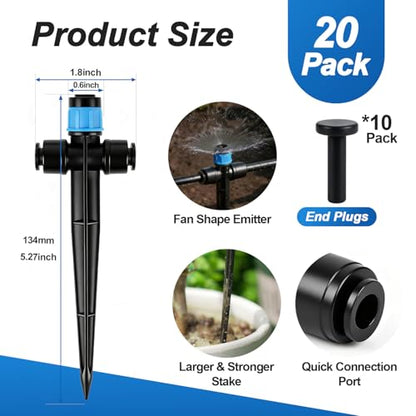 20 Pack Quick Connect 1/4 Inch Drip Irrigation Emitters, 1/4'' Drip in-line Pass Through Vortex Emitters Adjustable 360 Degree Dripline Stake Emitter with 10 Plugs for DIY Sprinkler Systems - color: Blue Vortex Emitter-2Way