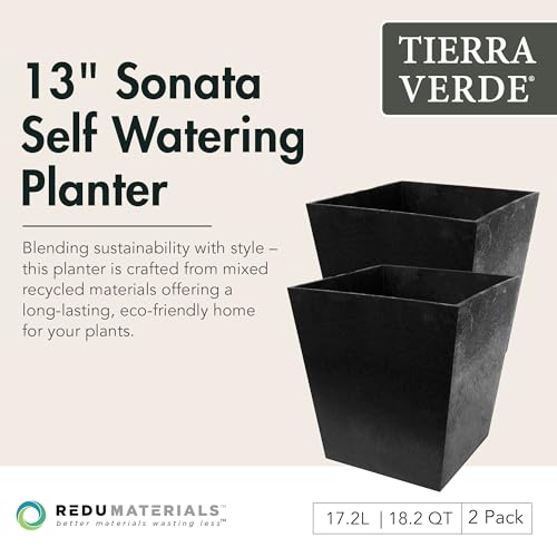 Tierra Verde Sonata Self-Watering Square Planter, Black, Small, 2-Pack - size: Small