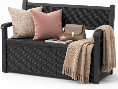 EFU Outdoor Bench Storage Deck Box,100 Gallon Waterproof Wicker - color: Black