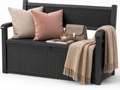 EFU Outdoor Bench Storage Deck Box,100 Gallon Waterproof Wicker - color: Black
