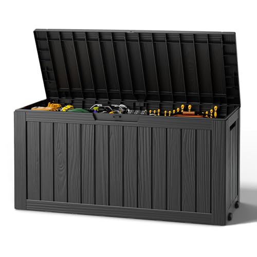 Outdoor Deck Storage Castored Box,Waterproof,Black,85 Gallon - color: Striped Black, style: 85 Gallon