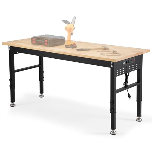 60" Adjustable Workbench with Rubberwood Top & Power Outlet,Large 60 x24Inch 9-Level Height Range 27"-37", 2000 LBS Heavy Duty Capacity for Workshop, Office, Garage, Home - size: 60*24 Inch