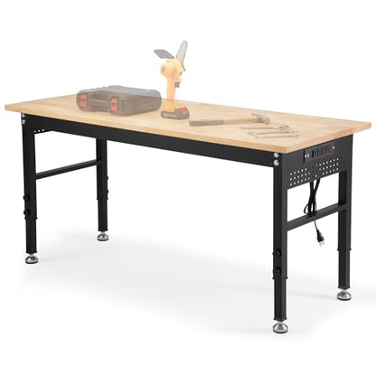 60" Adjustable Workbench with Rubberwood Top & Power Outlet,Large 60 x24Inch 9-Level Height Range 27"-37", 2000 LBS Heavy Duty Capacity for Workshop, Office, Garage, Home - size: 60*24 Inch
