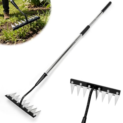 Upgraded Stainless Steel 8 Tines Garden Rake with 4-Section Adjustable Handle, Heavy Duty Manual Weeder Remover Tool for Gardening, YardWork, Weed Removal & Soil Aeration