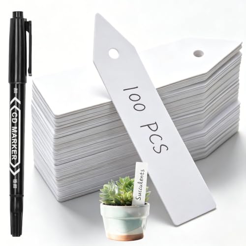 100PCS 2-in-1 Plastic Plant Labels with Pen, 4" x 0.8" Waterproof Garden Markers Seed Tags, Reusable PVC Plant Tags for Outdoor Indoor Gardening Greenhouse Vegetable