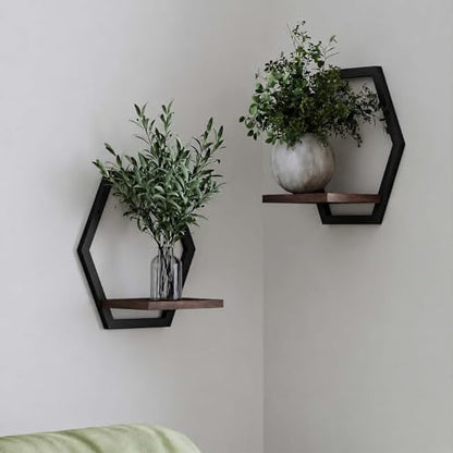2 Pack Hexagon Wall Plant Stands, 9 Inch Walnut Wood Shelf Black - color: 2 Pack Black-a