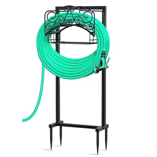 Garden Hose Holder, Freestanding Water Hose Hanger with 4 Spikes, Heavy Duty Metal Hose Stand Holds 150ft Hose, Detachable Garden Storage Tools with Storage Layer for Outside Yard (Hose Not Included)