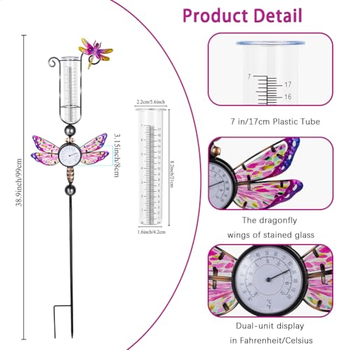 Rain Gauge Outdoor with 7 Inch Plastic Tube - color: Purple-Dragonfly
