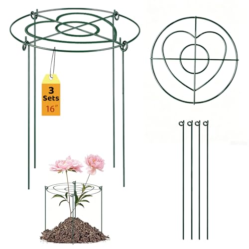 (3 Sets) Peony Cages and Supports, 16" Diameter, 4 x 24 Inches Legs, Heavy Duty Rust-Proof Grow Through Plant Support for Outdoor Flower Plants, Metal Grid Ring Hoop for Peonies, Roses, Orchids - size: 16x24 Inch ( 3-Pack )