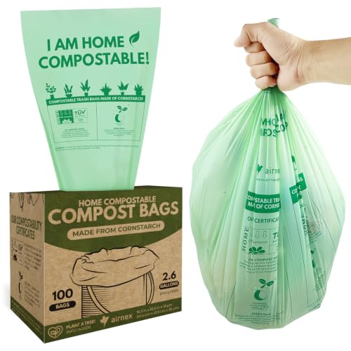 AIRNEX Small Compost Bags 2.6 Gal - 100 Compostable Kitchen Trash Bags for Countertop Bin - Cornstarch Leakproof & Tear-Resistant - OK Compost Home & Seedling Certified 0.18 mm Kitchen Garbage Bags - size: 1 Count (Pack of 100)